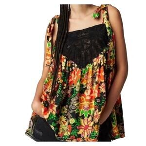 Free People floral w/lace blk, yellow & green Tank Top Mini-dress coverup